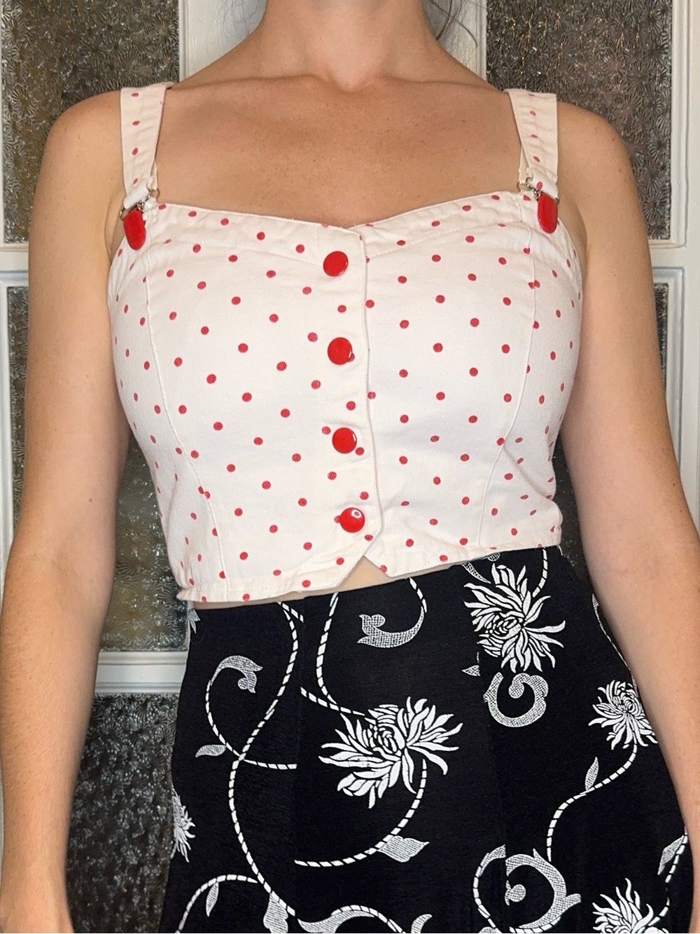 90s Polka Dot Red-Accent Crop Tank Top